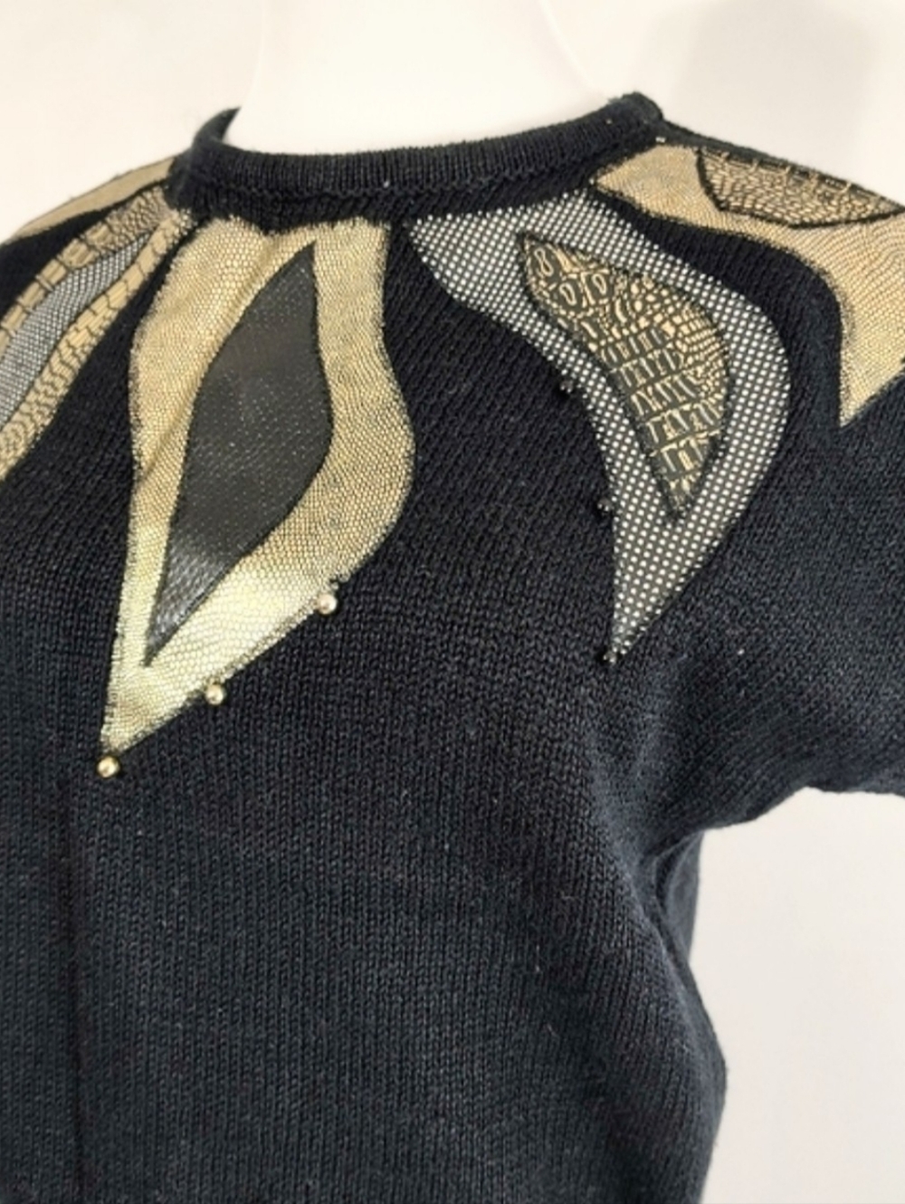 Vintage 80s Evian Women's Black Patchwork Sweater Top Size Large Glam Maximalist - Picture 4 of 10
